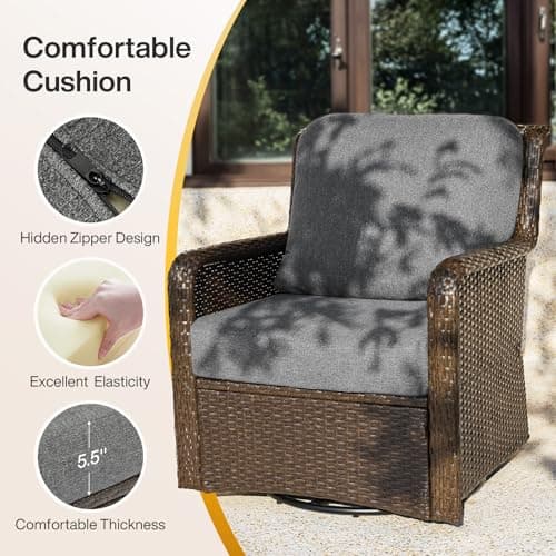 Tribesigns 5-Piece Outdoor Wicker Patio Furniture Set with 2 Swivel Chairs, 1 Loveseat & 2 Tables, Wicker Patio Chair Set with 26.8'' Deep Seat, Luxury Conversation Set for Porch, Yard, Brown/Gray - Thumbnail 4