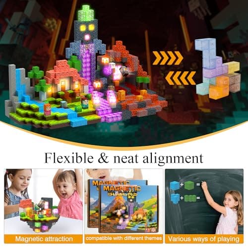 HEJIHUI 200 PCS Magnetic Building Blocks with Light Cube - STEM Educational Toys with Storage Bag for Kids 3+ (Volcano Theme) - Thumbnail 6
