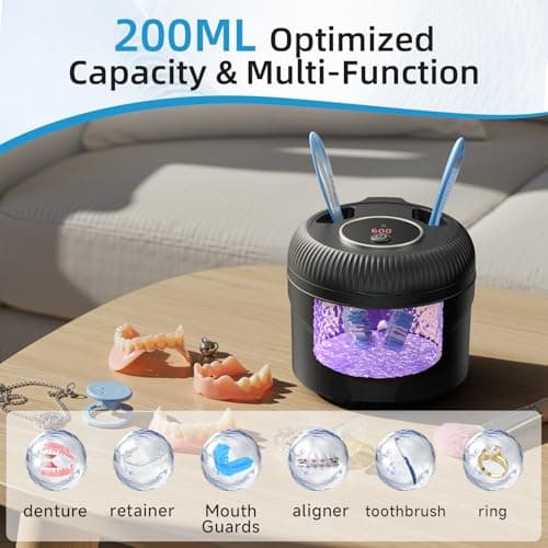 Ultrasonic Retainer Cleaner Machine, 45kHz Dental Cleaning Pod for Dentures, Jewelry, Toothbrush Heads, Mouth Guards, Aligners, Braces, 200ML Denture Cleaner 4 Modes & Digital Timer, Black - Thumbnail 6