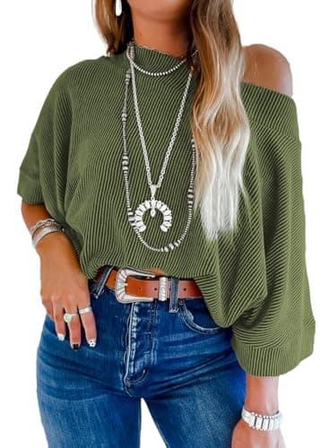 EVALESS Sexy Off The Shoulder Tops for Women 3/4 Length Sleeve Womens Tops Casual Boat Neck Batwing Sleeve One Shoulder Shirts Spring Summer 2026 Knitted T Shirts Rose Vineyard Green Small - Image 1