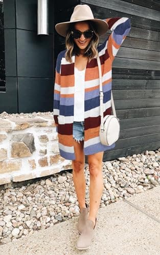 ECOWISH Women Cardigan Sweaters Long Floral Striped Winter Long Sleeve Kimono Open Front Cozy Knitted Daisy Fuzzy Outwear Pocket - Thumbnail 2