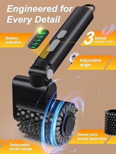 Aurviv Electric Grill Brush, 3-Speed Power Control Grill Brush for Outdoor Grill, Rechargeable BBQ Grill Brush, Cordless Grill Cleaning Brush with 2 Brush Head & Scouring Pad, Gifts for Men/Dad - Thumbnail 3