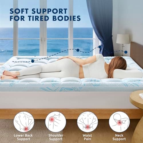 Queen Mattress Topper Viscose Derived from Bamboo,Breathable and Soft Extra Thick Pillow Top Mattress Pad Cover for Back Pain, Deep Pocket Fits 7–21 Inch Mattress (60"x80",Blue) - Thumbnail 2