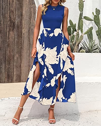 BTFBM Summer Dresses for Women 2026 Casual Spring Floral Sleeveless Ruffle Boho Cocktail Wedding Guest Party Midi Dress(White Floral Bright Blue, Medium) - Thumbnail 3
