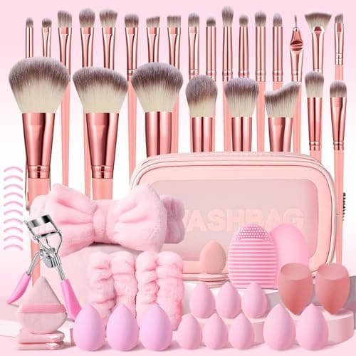 HGHDBT 61Pcs Pink Makeup Brushes Set Professional with Case Premium Synthetic for Blush Foundation Eye Shadow Concealer Powder Eye & Face Make up Brush Kit with Beauty Blender Sponge Set Tools