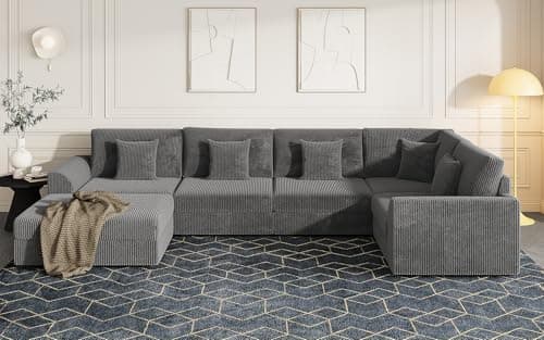 Modular Sectional Sofa, Oversized U Shaped Couch, Convertible Sleeper Sofa, 6 Seat Sofa with Chaise, Deep Seat Comfy Cloud Couch with Ottoman and Five Pillows for Living Room (U Shape Sectional, Gray) - Thumbnail 4