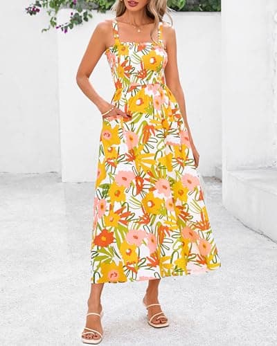 PRETTYGARDEN Womens Summer Dresses 2026 Casual Spaghetti Strap Ruffle Smocked Flowy Floral Spring Maxi Dress with Pocket(White Yellow Flower,X-Large) - Thumbnail 6