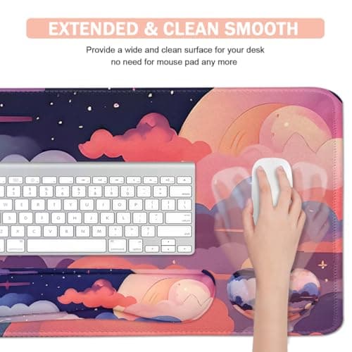 Large Mouse Pad Set, Cute Extended Mouse Pad+Keyboard Wrist Rest Support Desk Pad Memory Foam Ergonomic Easy Typing, 35.4×15.7 in Desk Mat Set for Home Office Study Game - Cloud - Thumbnail 3
