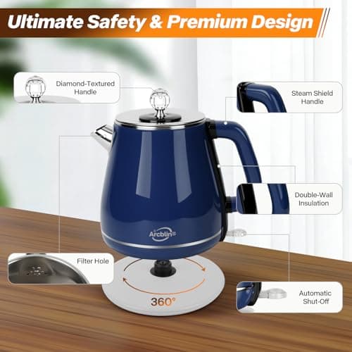 Electric Kettle 1.8L, Retro Electric Tea Kettle & Water Boiler, Navy Blue - Thumbnail 5