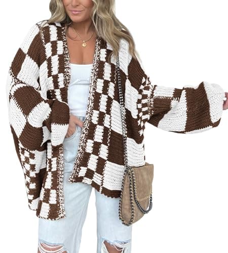 BTFBM Casual Cardigan Sweater for Women Fall 2026 Long Sleeve Open Front Chunky Knit Sweaters Checkered Outwear Coat(Brown,Large)