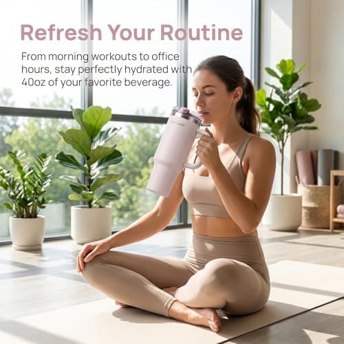 MIKENDA 40oz Insulated Tumbler with Straw | Double Wall Stainless Steel Travel Mug | Leak Proof Lid, 24hr Cold & 12hr Hot | Reusable Water Bottle for Office, Gym, Hiking (light pink) - Thumbnail 2