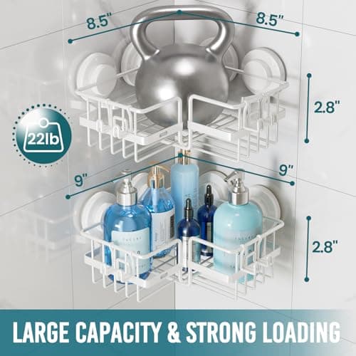 TAILI Corner-adaptive Suction Cup Shower Caddy 2 Pack, Stainless Steel Rustproof Corner Shower Shelves, Drill-Free Wall Mounted Baskets, Large Capacity Removable Suction Cup Bathroom Organizer, White - Thumbnail 4
