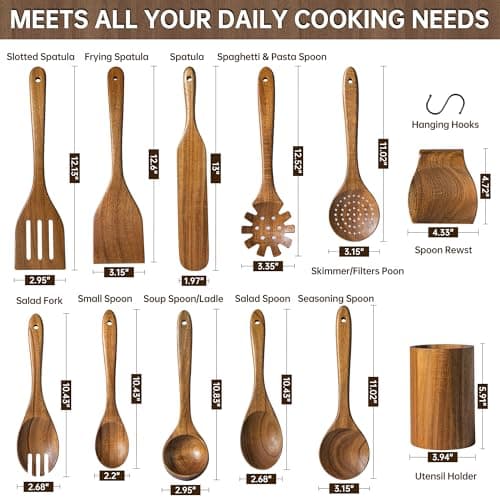 FYCTIO Wooden Utensil Set 12 PCS - Natural Non-Toxic Acacia Wooden Spoons for Cooking, Nonstick, Sturdy, Easy to Clean, Wood Kitchen Utensils Set with Holder, Spoon Rest & 6 Hooks, Ideal for Gifting - Thumbnail 5