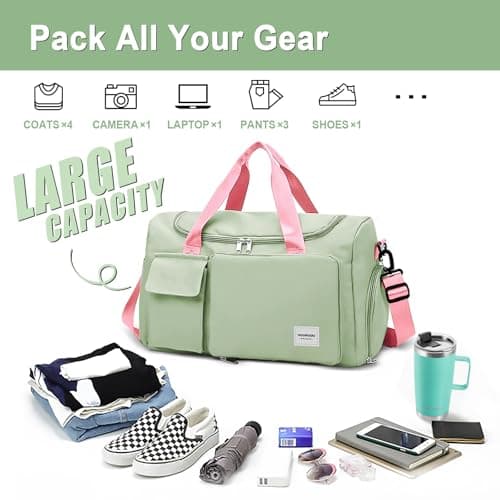 WOOMADA Foldable Travel Duffel Bag for Women, Weekender Bags with Shoes Compartment,Overnight Bag with Wet Pocket & Trolley Sleeve(Green&Pink) - Thumbnail 3