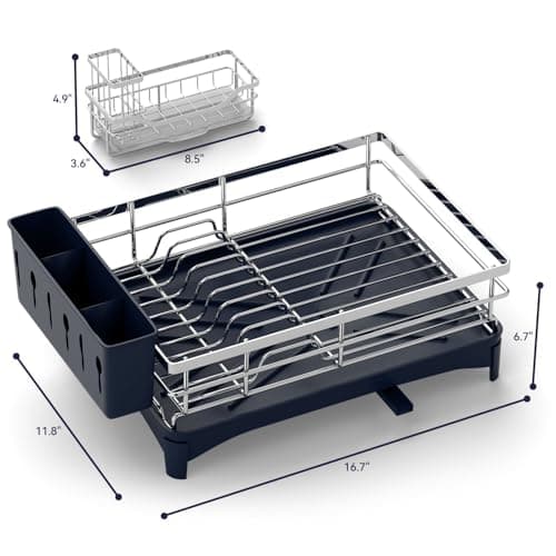 Azevix Dish Drying Rack, 304 Stainless Steel Dish Racks for Kitchen Counter with Cutlery Holder & Sponge Holder, Large Dish Drainer with Removable Drainboard, 11.8''W x 16.7''L (Stainless Steel) - Thumbnail 2