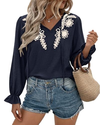 BTFBM Womens Tops Dressy Casual Fall 2025 Boho V Neck Ruffle Long Sleeve Shirts Floral Embroidered Work Business Blouses(Navy, Large) - Image 1