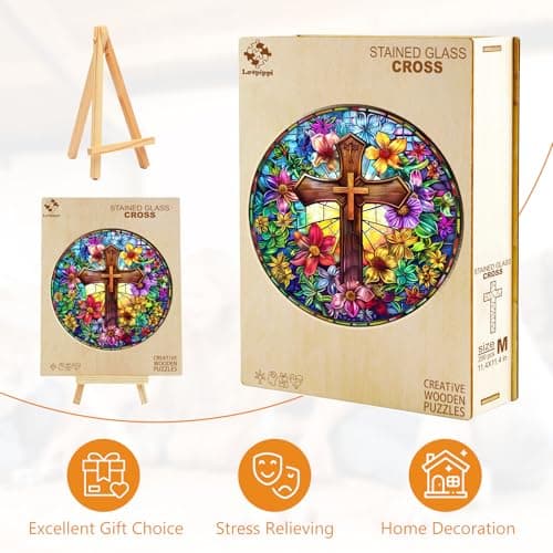 Wooden Puzzles for Adults, Stained Glass Cross Wood Puzzles Adult, Unique Animal Shaped Wooden Jigsaw Puzzle, Birthday Gifts for Friends/Family/Puzzle Lovers, Home Decor(S-8.5 * 8.5in 100pcs) - Thumbnail 6