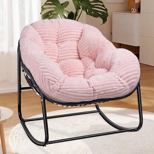 Halituny Indoor Rocking Chair, Oversized Outdoor Lounge Chair with Thick Corduroy Cushion & Straps, Wicker Modern Comfy Rocker Egg Chair for Living Room, Bedroom, Porch and Courtyard, Pink