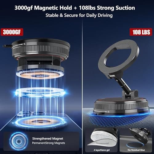 NotiXas Car Phone Holder Mount, 108LBS Vacuum Suction for MagSafe Car Mount, 3000gf Magnetic 360° Adjustable Carbon Fiber Phone Holders for Your Car for iPhone 17 Pro Ma/17/16/15/14/13/12, Desk & Gym - Thumbnail 2