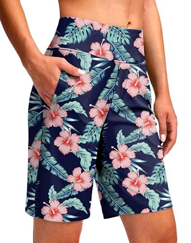 Viodia Women's 9" Long Swim Shorts Modest Swimsuits Bathing Suit Knee Length Bermuda Board Shorts for Women with Pocket Navy Flower