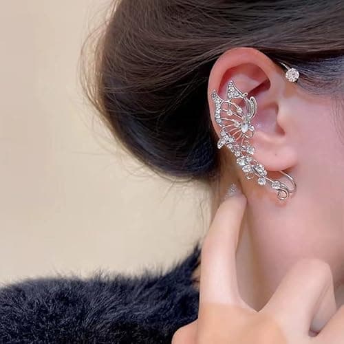 YRlilicc 2Pcs Glitter Rhinestone Butterfly Ear Cuff Vintage Non-Piercing Fake Earrings Bridal Wedding Climber Ear Wrap Prom Ball Ear Jewelry for Women - Thumbnail 5
