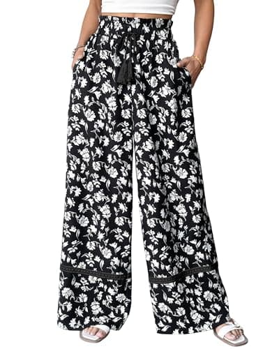 Bsubseach Wide Leg Pants Woman Flowy Floral Palazzo Pants High Waisted Drawstring Trousers Summer Beach Pants with Pockets Black S - Image 1