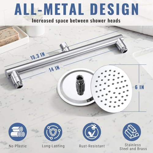 G-Promise All Metal Double Shower Head Built-in Water Flow Control Shut-Off Valve, High Pressure Dual Shower Head Prepare for Couples Walk-in Bathroom or Small Space Bathroom (Chrome) - Thumbnail 2