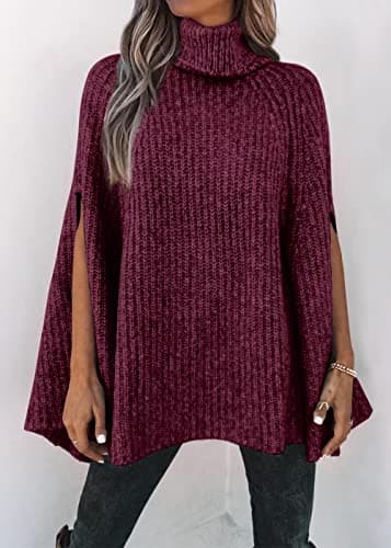 KIRUNDO Women's 2026 Fall Winter Turtleneck Poncho Sweater Fashion Chunky Knit Cape Wrap Sweaters Pullover Jumper Tops(Dark Purple Red, Medium) - Thumbnail 3