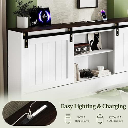 Uteeran Queen Size Bed Frame with Storage, Sliding Barn Door, Farmhouse Wood Platform Bed with Reading Light and Charging Station, Wood Slats Support, Easy Assembly, Noise-Free, Antique White - Thumbnail 4
