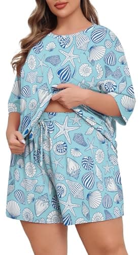 Lastshe Womens Plus Size Pajama Set 2 Piece Soft Short Sleeve with Pockets Shorts Sleepwear Knit Pjs Lounge Set Summer,Light Blue Shells,3X