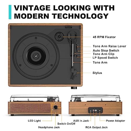 Retro Record Player for Vinyl with Speakers Vintage Turntable Vinyls Records Belt-Driven Turntables 3-Speed 3 Size 33 1/3 45 78 RPM Wireless Playback Headphone AUX RCA Line LP Vinyl Players Wood Grain - Thumbnail 2