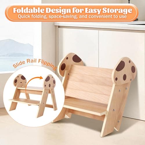 Novarieth Beech Wooden Toddler Step Stool, 2-Step Foldable Stool for Kids with Non-Slip Surface, Baby Bathroom Stool for Potty Training, Bathroom Sink, Kitchen Counter with Cute Mushroom Design - Thumbnail 6