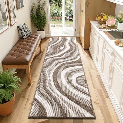 Yamaziot Washable Hallway Runner Rug 2x6 – Non Slip Modern Abstract High-Low Textured Kitchen Runner Rug, Boho Carpet Runner for Kitchen, Entryway, Bedroom, Laundry, Hallway, Beige Brown & White