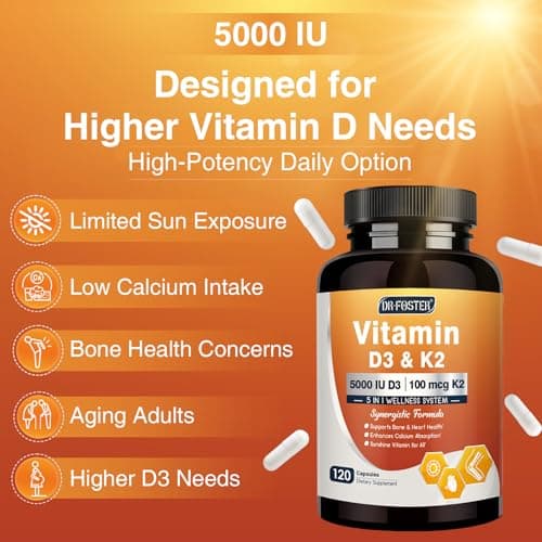 DRFOSTER Vitamin D3 K2, 5000 IU Vitamin D3 Plus 100 mcg of Vitamin K Supplements for Adults for Heart & Bone Health Support, 120 Capsules - Thumbnail 4