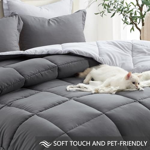 Homelike Moment Queen Comforter Set Grey, Comforters Queen Size Set, Soft Lightweight Down Alternative Bed Comforter Full Size Reversible All Season 3 Pieces Sets Grey/Light Gray - Thumbnail 4