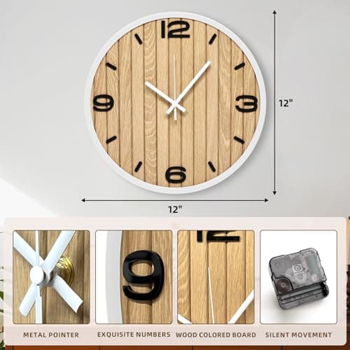 AXAORIRA Round Wall Clock Battery Operated, Modern Wooden Small Analog Clocks 12 Inch Silent Non-Ticking for Home, Office, Apartment, Living Room, Bathroom, Kitchen, Bedroom - Thumbnail 2
