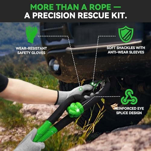 XSTUN 1" Kinetic Recovery Rope 48100lbs Breaking Strength, 30ft Snatch Rope with 35% Stretch, Offroad Tow Rope Kit with Level 5 Cut-Resistant Gloves, Compatible with Jeep, Truck (Green) - Thumbnail 2