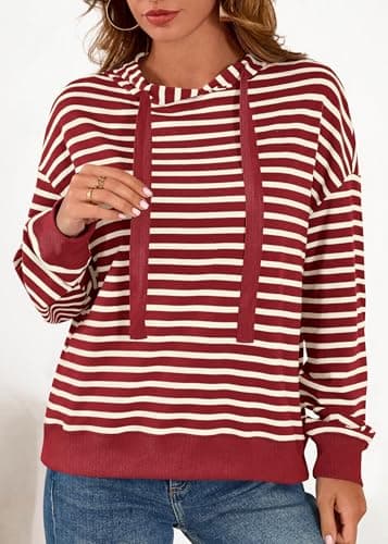 KIRUNDO Sweatshirt For Women Casual Loose Striped Long Sleeve Drawstring Hoodie Pullover Hooded Tops Fashion Clothing(Red, Medium) - Thumbnail 3