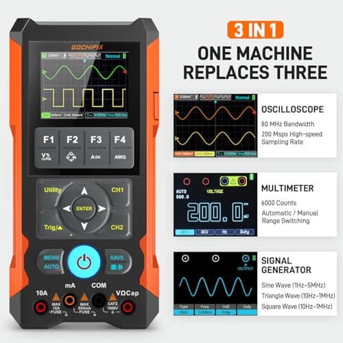 Handheld Oscilloscope Multimeter GOCHIFIX Waveform Generator 3 in 1 Automotive Oscilloscope 2 Channel 80Mhz Bandwidth 200Msps Sampling Rate Signal Generator Digital Oscilloscope Multimeter - Thumbnail 2