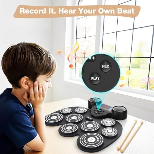 Electric Drum Set with 7 Colorful LED Light Patterns, Better Rebound Feel Electronic Drum Kit Featuring Bluetooth MIDI, 9 Drum Pads, and Dual Speakers, Christmas Birthday Gift for Kids Adult - Thumbnail 6