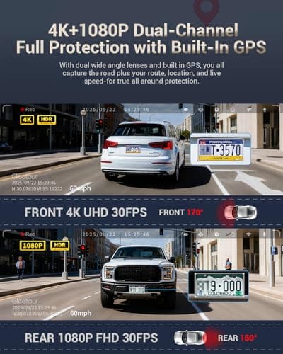 Gleetour Dash Cam Front and Rear, 4K HDR Dash Camera for Cars, 3" IPS Screen Dash Cam Built-in GPS with 5.8G WiFi UHD Night Vision Free 64G Card, Parking Monitor, G-Sensor - Thumbnail 3