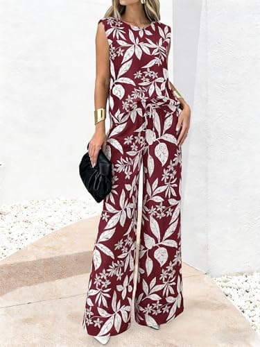BTFBM Lounge Sets For Women Summer Sweatsuits 2 Piece Tracksuit Sleeveless Tops Wide Leg Pants Floral Vacation Outfits(Floral Wine Red,Medium) - Thumbnail 4