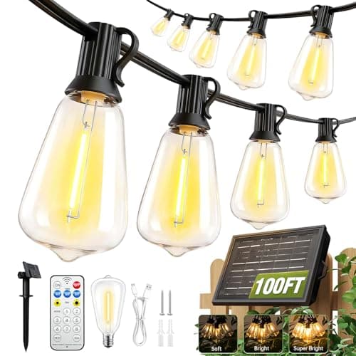 100FT Solar String Lights Outdoor Waterproof with Remote & Timer, LED Shatterproof ST38 Bulbs, USB & Solar Powered Patio Lights for Backyard, Porch, Garden, Wedding Decor, Dusk to Dawn Lighting - Image 1