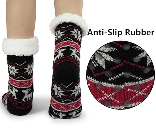 BenSorts Women's Slipper Socks with Grippers House Home Winter Warm Cozy Fuzzy Sherpa Non Slip Grips Socks Non Slip Comfy Soft Christmas Gift Christmas Black Red 2 Pairs - Thumbnail 2