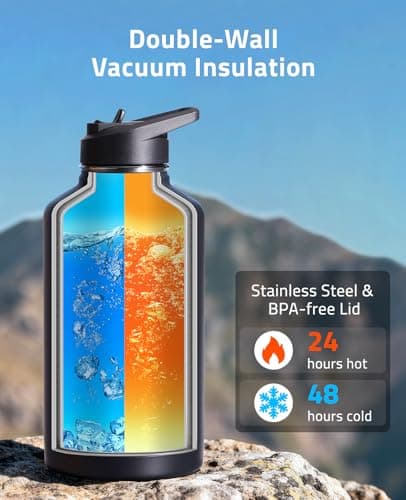 CVLIFE Half Gallon Water Bottle with Straw, 64 oz Insulated Stainless Steel Water Jug, Battle Sports Bottle with Bottle Pouch, Durable Handle, Removable Sleeve for Gym, Hiking, Camping (Black 2 Liter) - Thumbnail 3