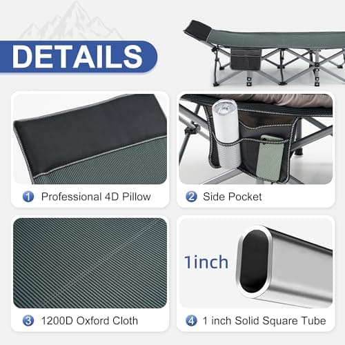 Fragess Camping Cot, Sleeping Cots for Adults, Portable Camping cots with Mattress, Pillow and Carry Bag, 1200D Double Layer Oxford, 600 LBS Weight Capacity Cots for Sleeping(Grey+Black) - Thumbnail 4