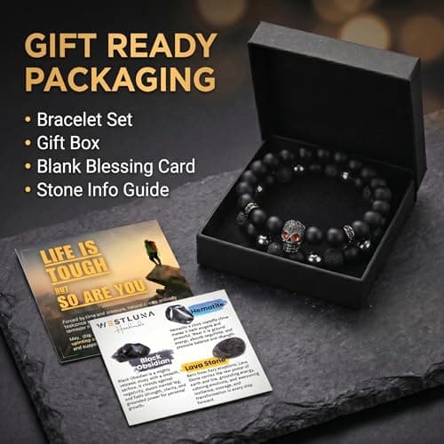 WestLuna Mens Triple Protection Bracelet - Hematite Lava Stone Black Obsidian Bracelet w Skull, 8MM Stone Beaded Bracelets for Men Jewelry Gifts (Medium) - Thumbnail 6