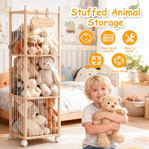 Stuffed Animal Storage - Wooden Large Organizer Holder for Kids' Room and Playroom - Plush Zoo Animals Holder with Elastic Cords & Brake Wheel for Toddler Bedroom Toy Stuff Organization - Thumbnail 5