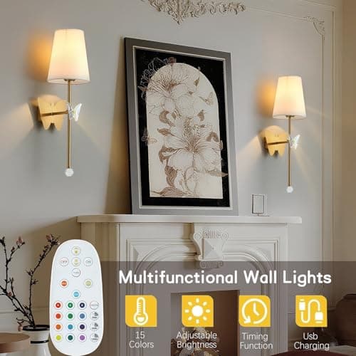 MHSNL Gold Battery Operated Wall Sconces Set of 2,Rechargeable Wall Lights with Butterfly Sconces, Cordless Battery Sconce Indoor Wall Lamps for Bedroom Living Room Hallway Stairs Bathroom - Thumbnail 2
