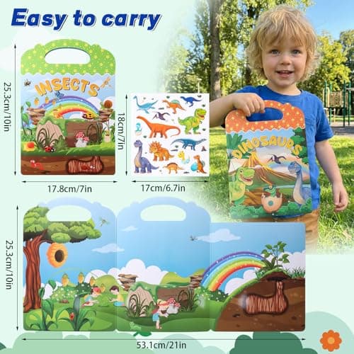 6Pcs Reusable Sticker Books, Sticker Books for Toddlers 2-4 Years, Vehicles Insects Animals Dinosaurs Stickers Scenes for Crafts Parties Travel Boys Girls Gifts - Thumbnail 3